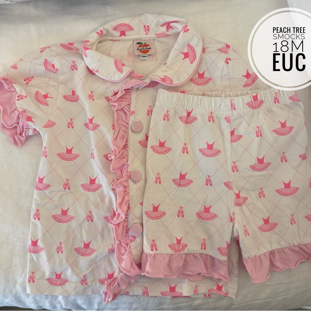 Peachtree Smocks Pajama Set- white w/ pink ballet motif and ruffle details 18m
